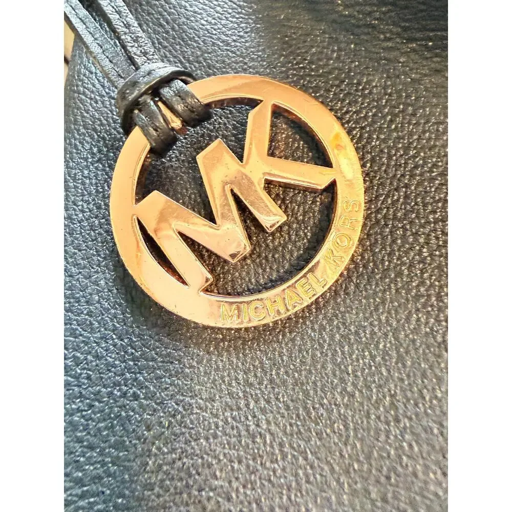 Michael Kors Black Pebbled Faux Leather Large Tote Shoulder Bag Gold MK Charm